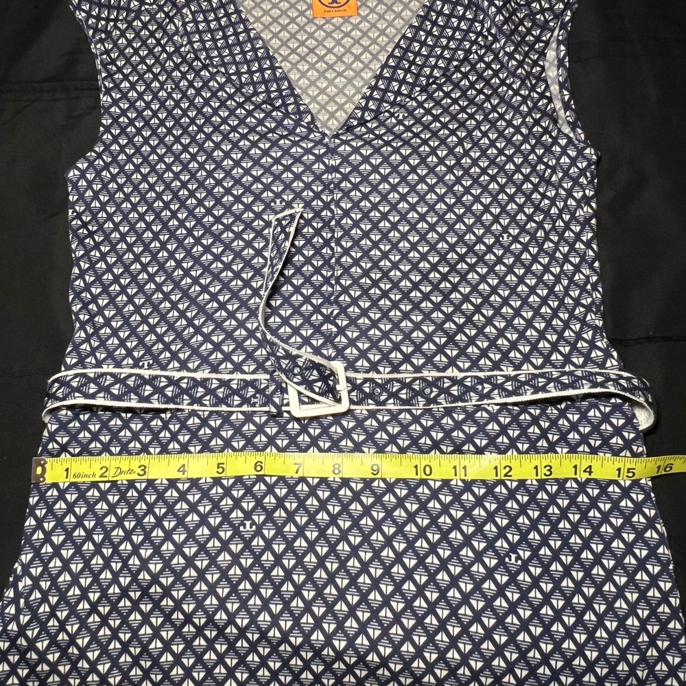 Tory Burch Navy Blue White Geometric Print V-Neck Belted Dress Womens Medium - Picture 7 of 10